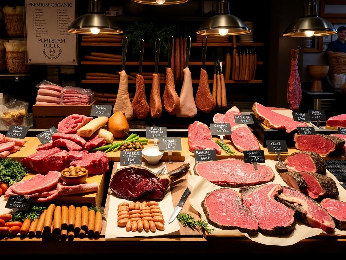 Artisan butcher display of premium organic meat cuts