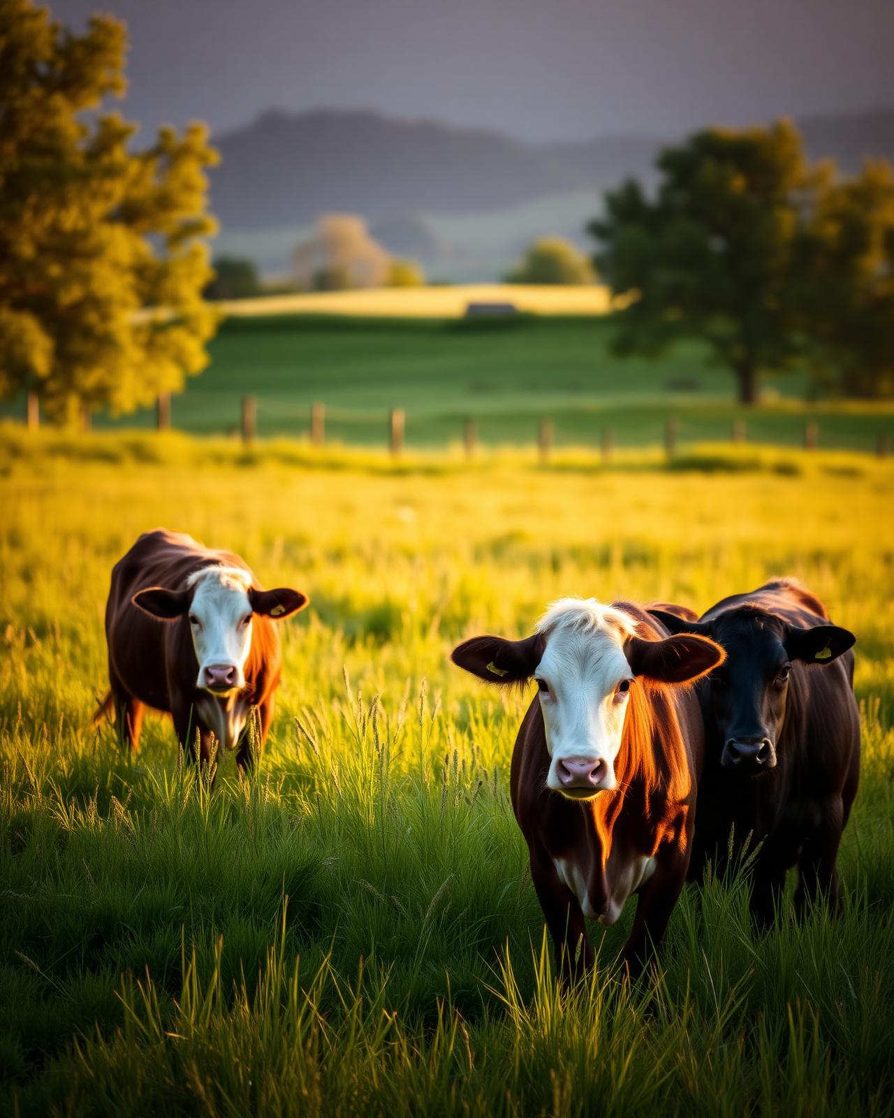 Grass-fed cattle grazing on organic pasture at golden hour