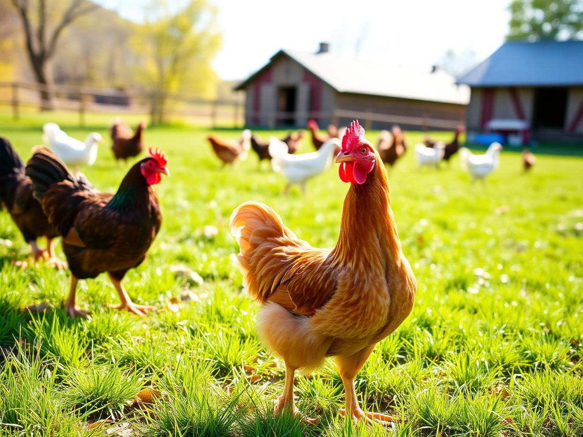 Free-range organic chickens on a sunny farm